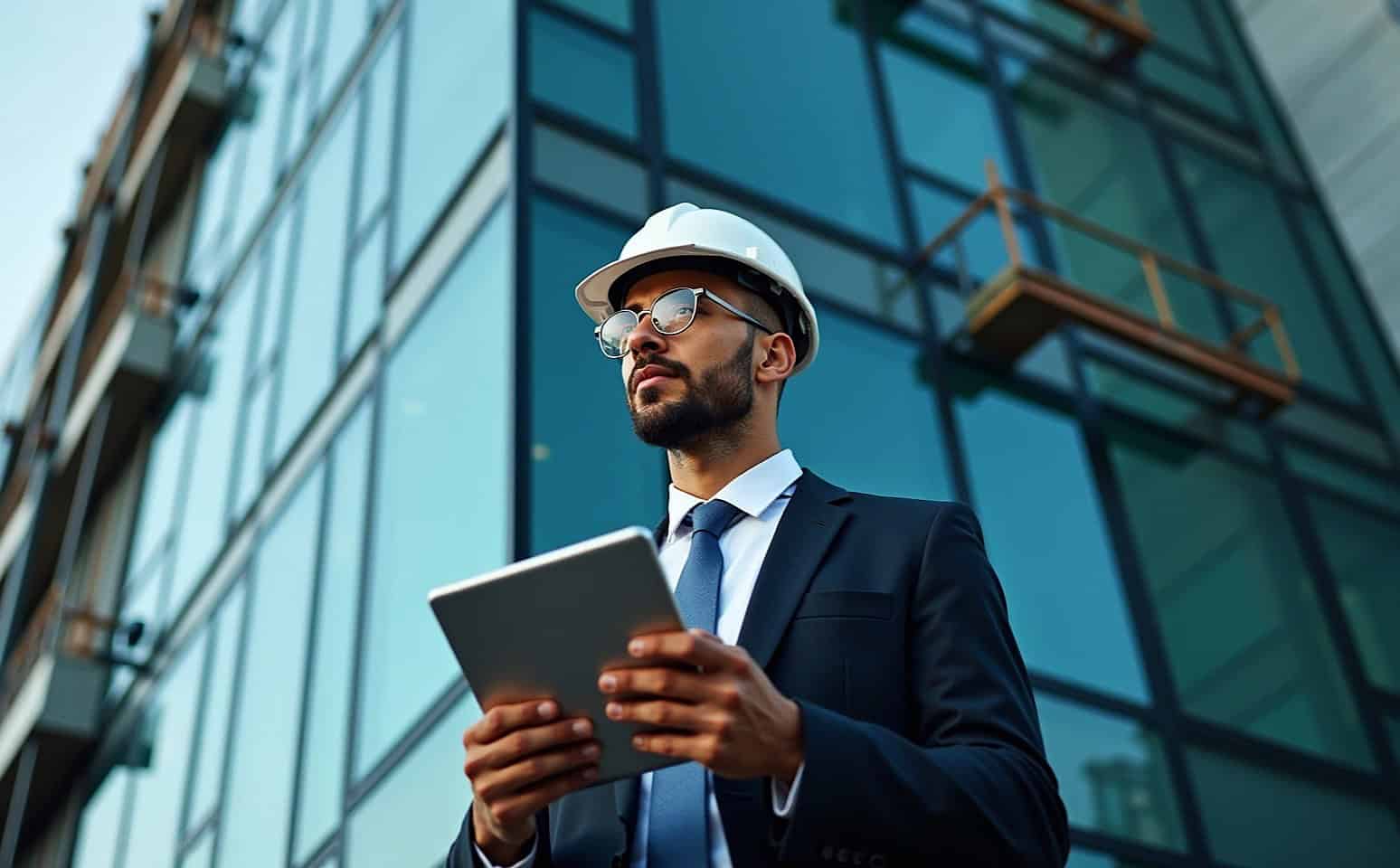 Professional Construction Project Manager Inspecting Building Site With Digital Tablet.