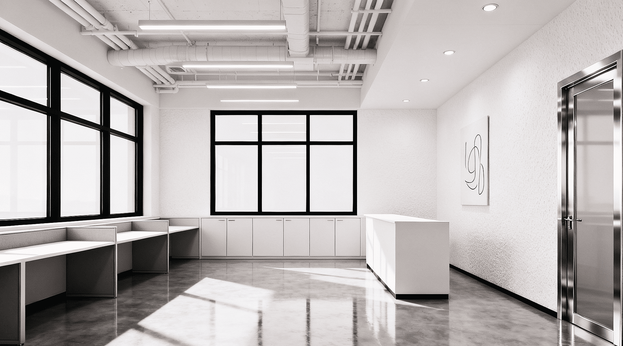 Modern Commercial Office Interior With Large Windows, Minimalist Design, And Bright Lighting For Professional Workspace Environments.